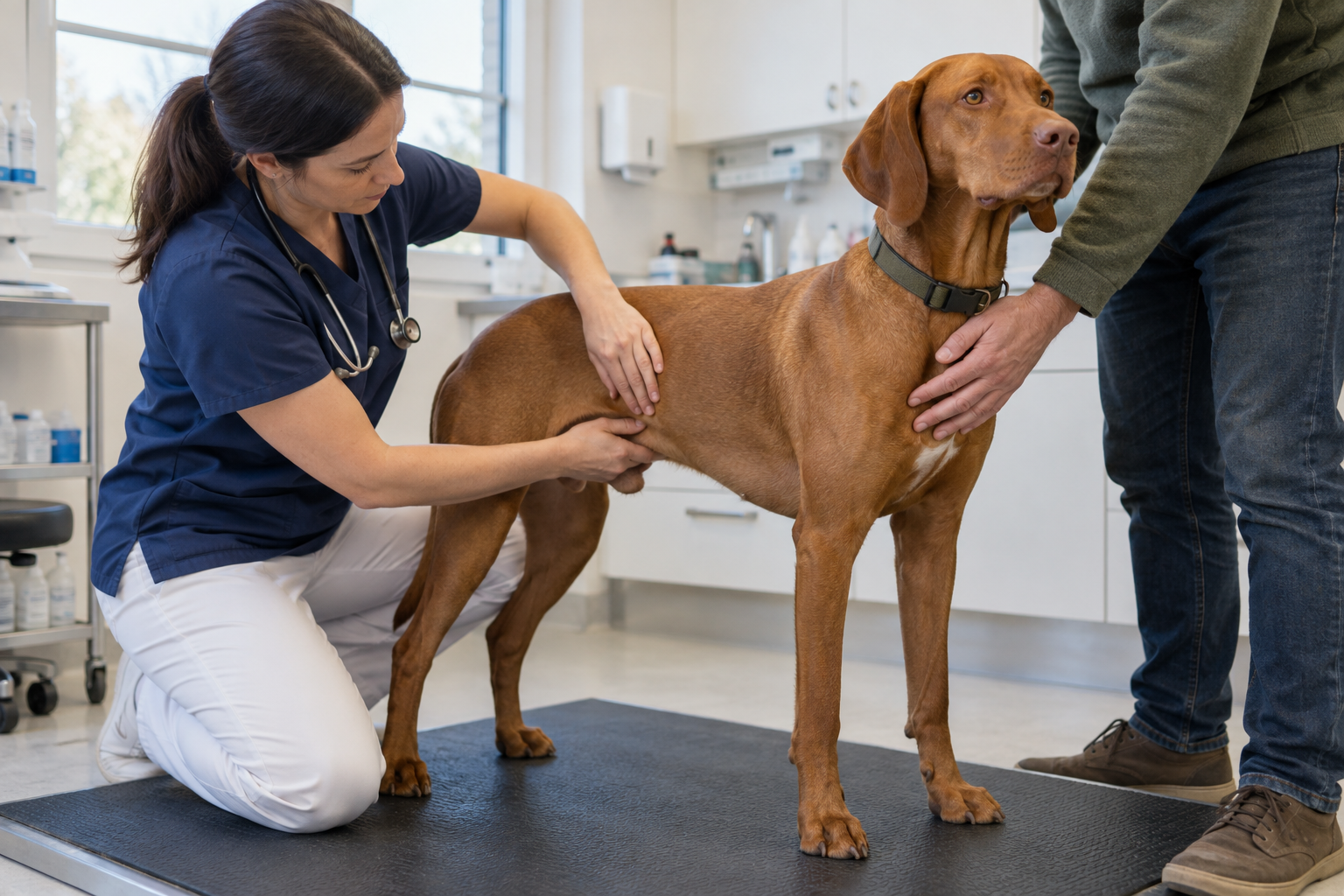 Veterinár prehmatáva brucho psa pri vyšetrovaní zápchy